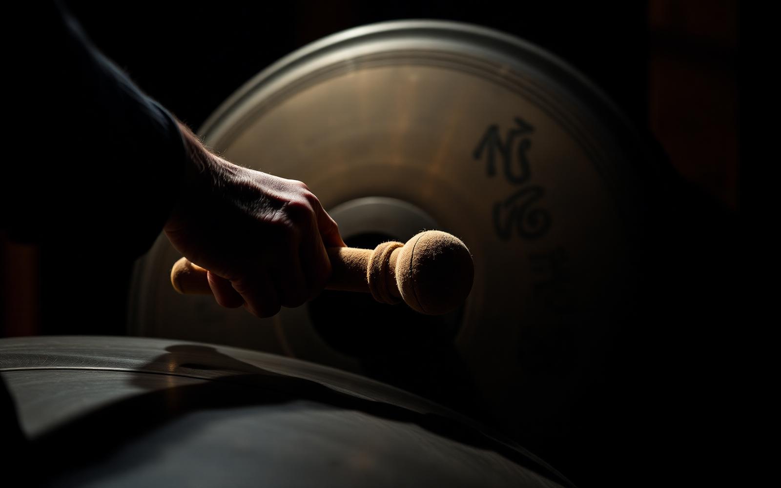 Coen Tuerlings' hands playing a bronze gong with a felt mallet